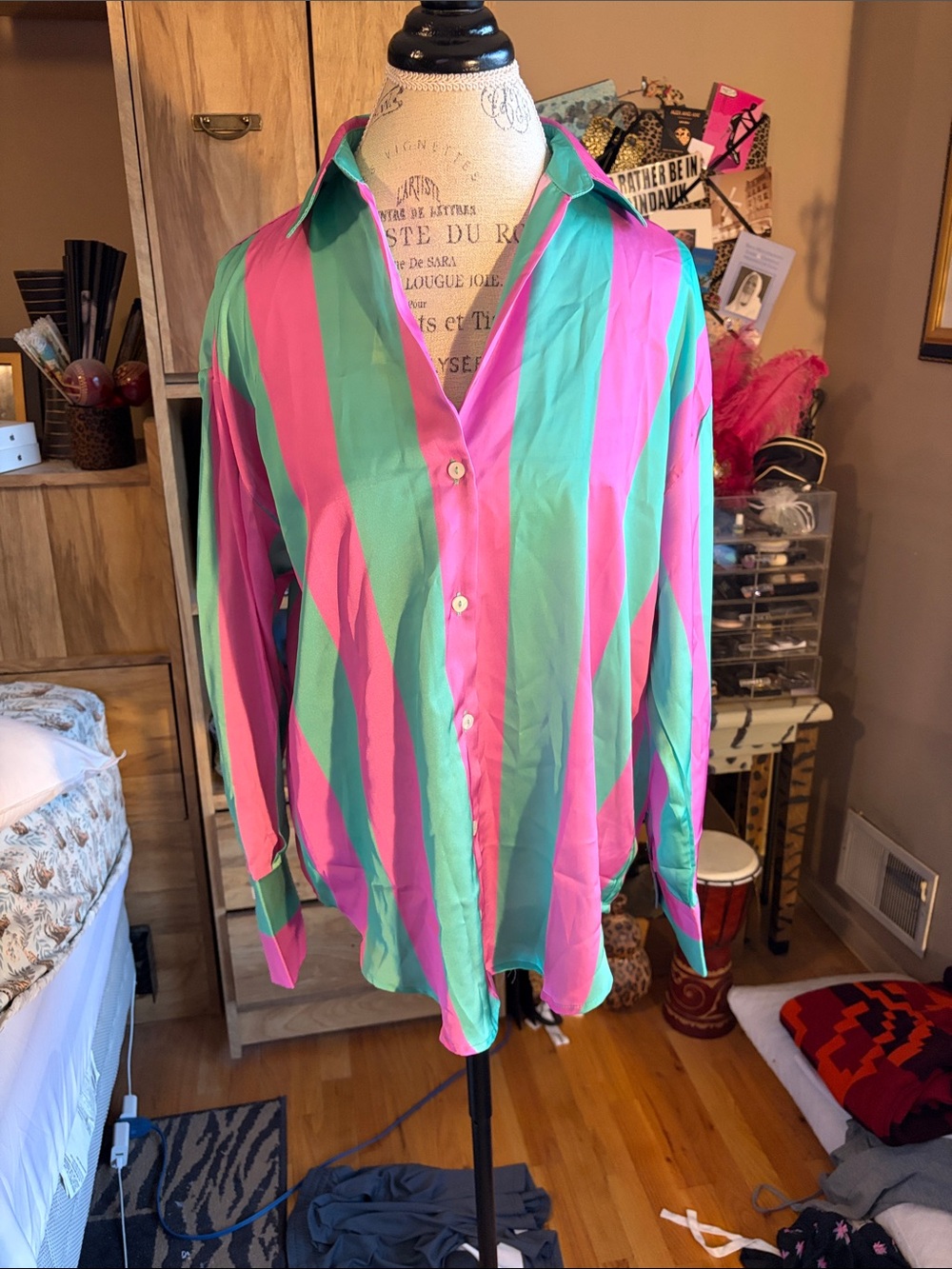 Umgee Button-Up Shirt in Pink and Teal Stripe - Medium NWT